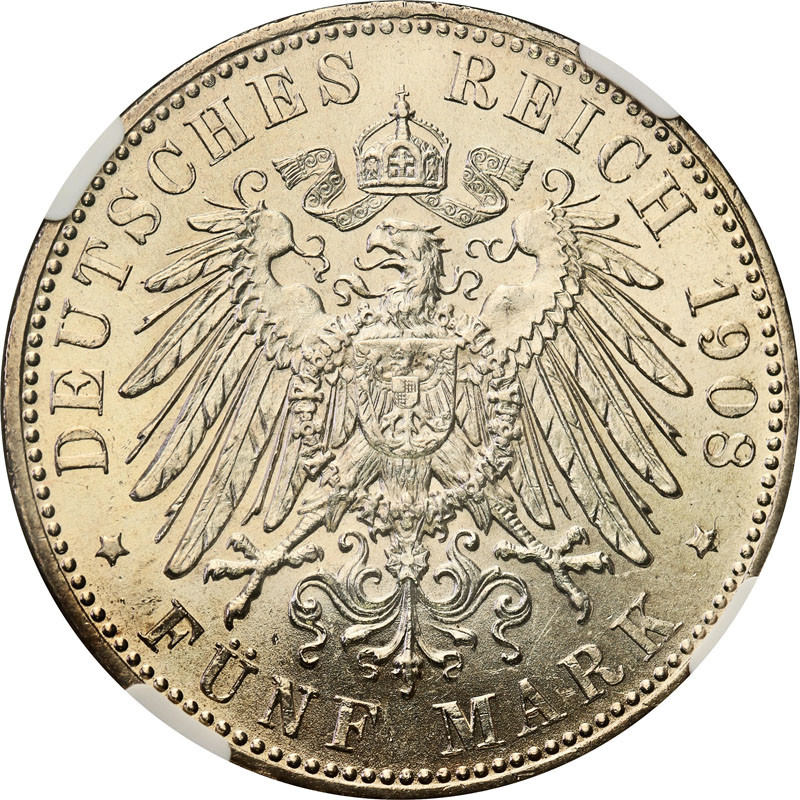 Niemcy, Bawaria. 5 marek 1908 D, Monachium NGC MS62
